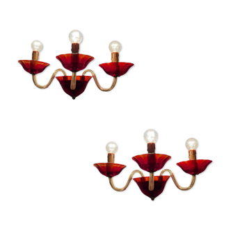 Vintage Italian Ruby Red Murano Glass Sconces from Made Murano Glass, Set of 2