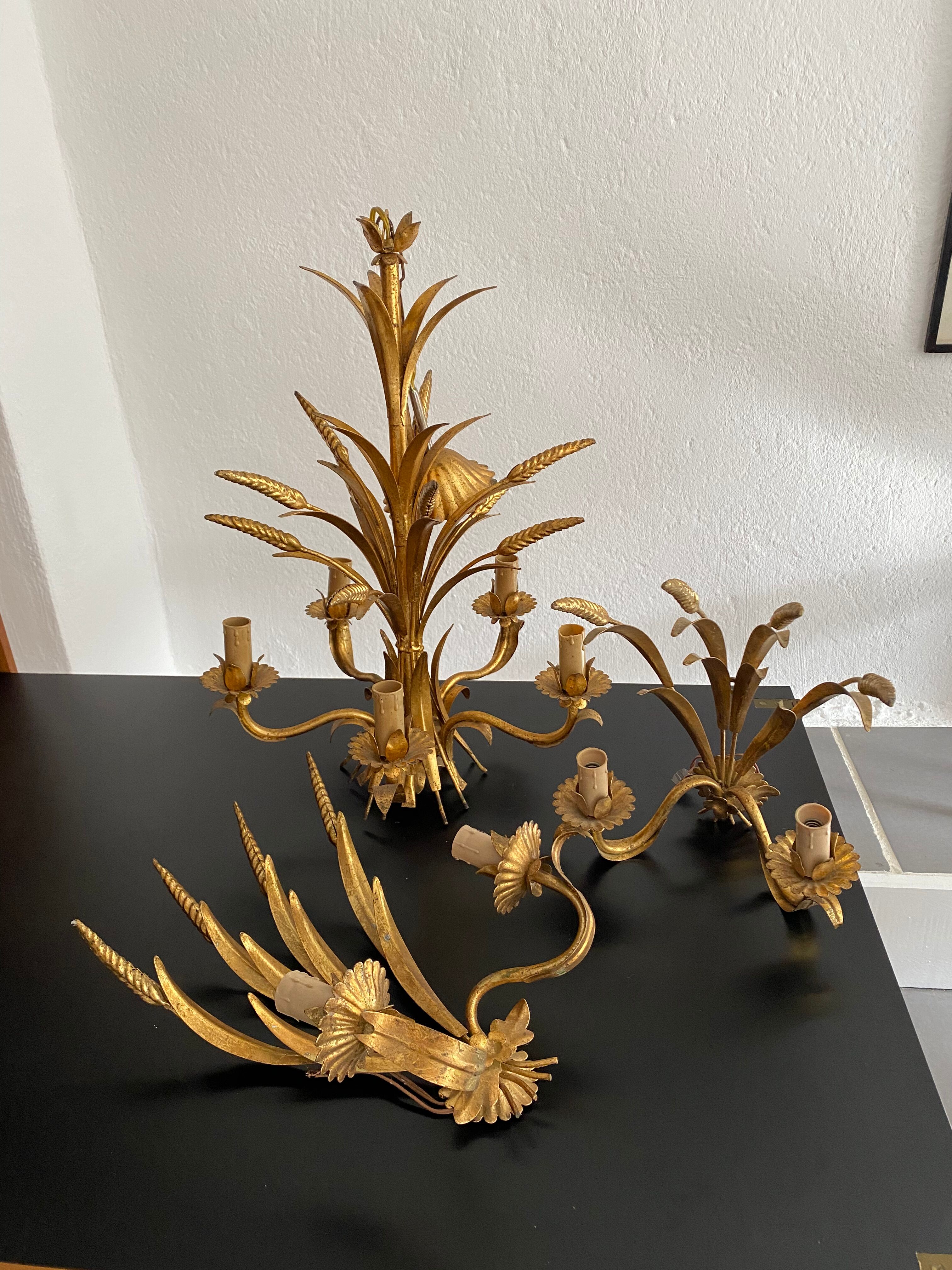 Chandelier and 2 sconces of vintage wheat gold leaf