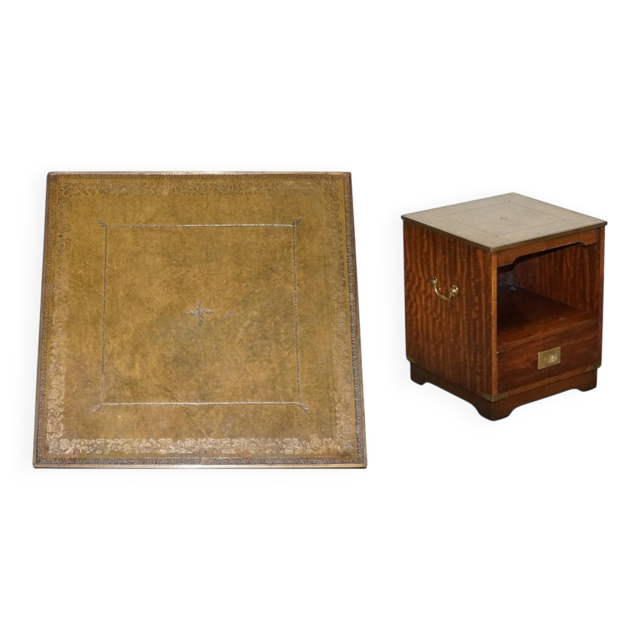 Vintage Bevan Funell Military Campaign Bedside Table with Leather Top