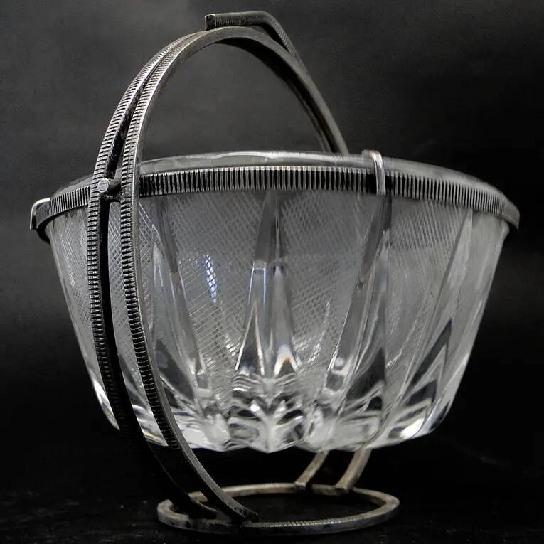Art Deco sugar bowl, glass, silver-plated brass, Poland, 1920s