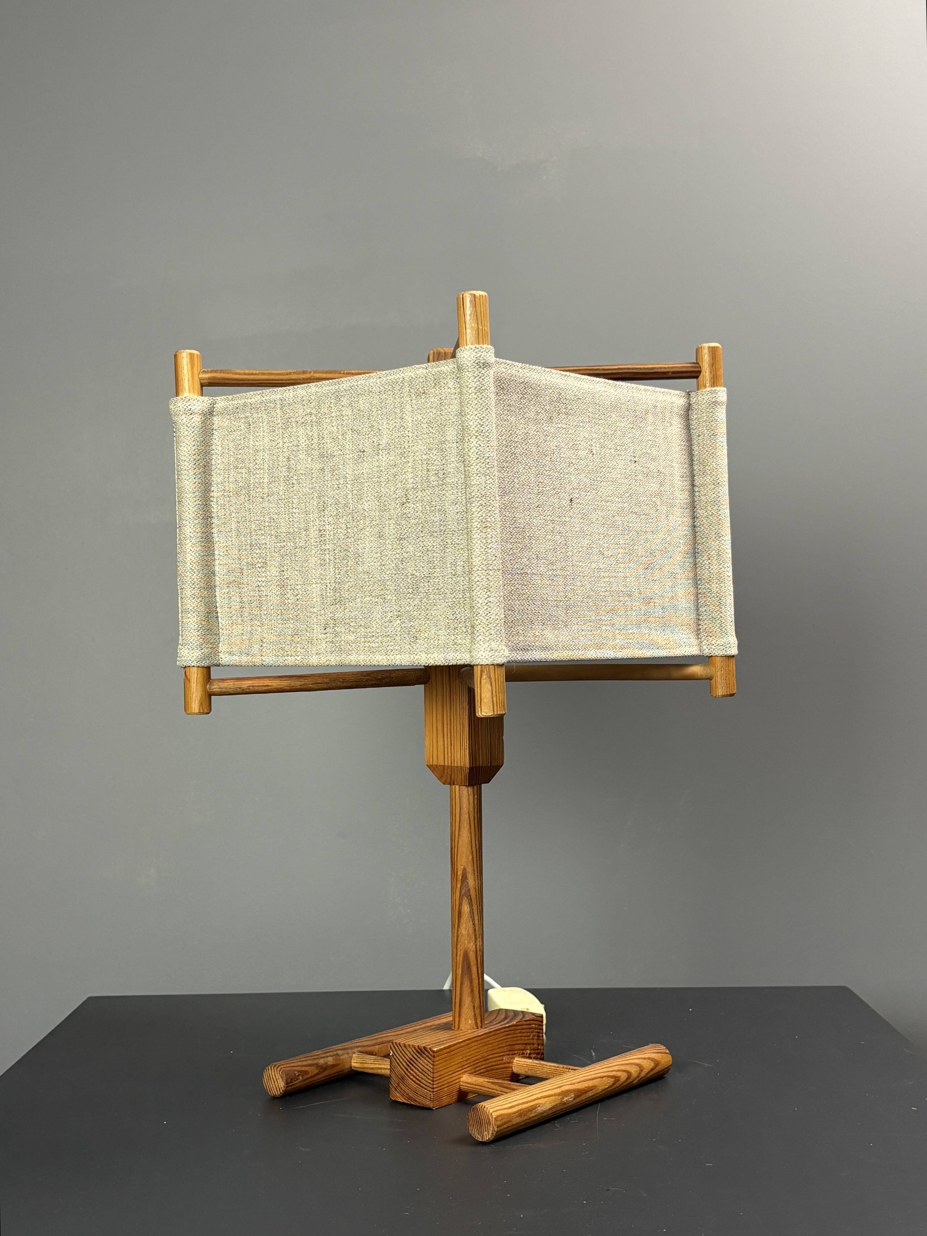 Midcentury Scandinavian pine table lamp with square fabric shade, 1970s