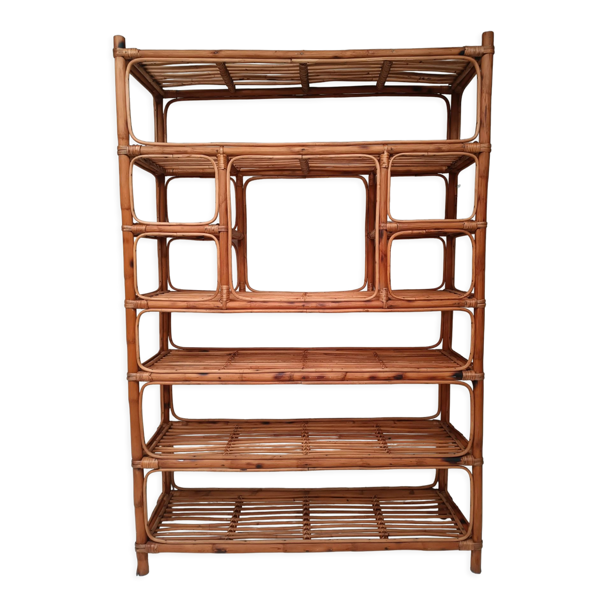 Bookcase shelf in bamboo and vintage rattan