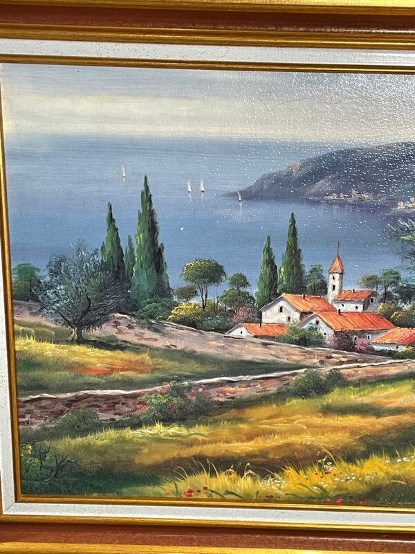 Landscape hamlet sea view - oil or acrylic on canvas , signed Ramsey