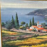 Landscape hamlet sea view - oil or acrylic on canvas , signed Ramsey