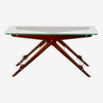 Italian Coffee table in mahogany, brass and glass