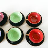 Set of 6 black and colored earthenware cups and saucers, 1950
