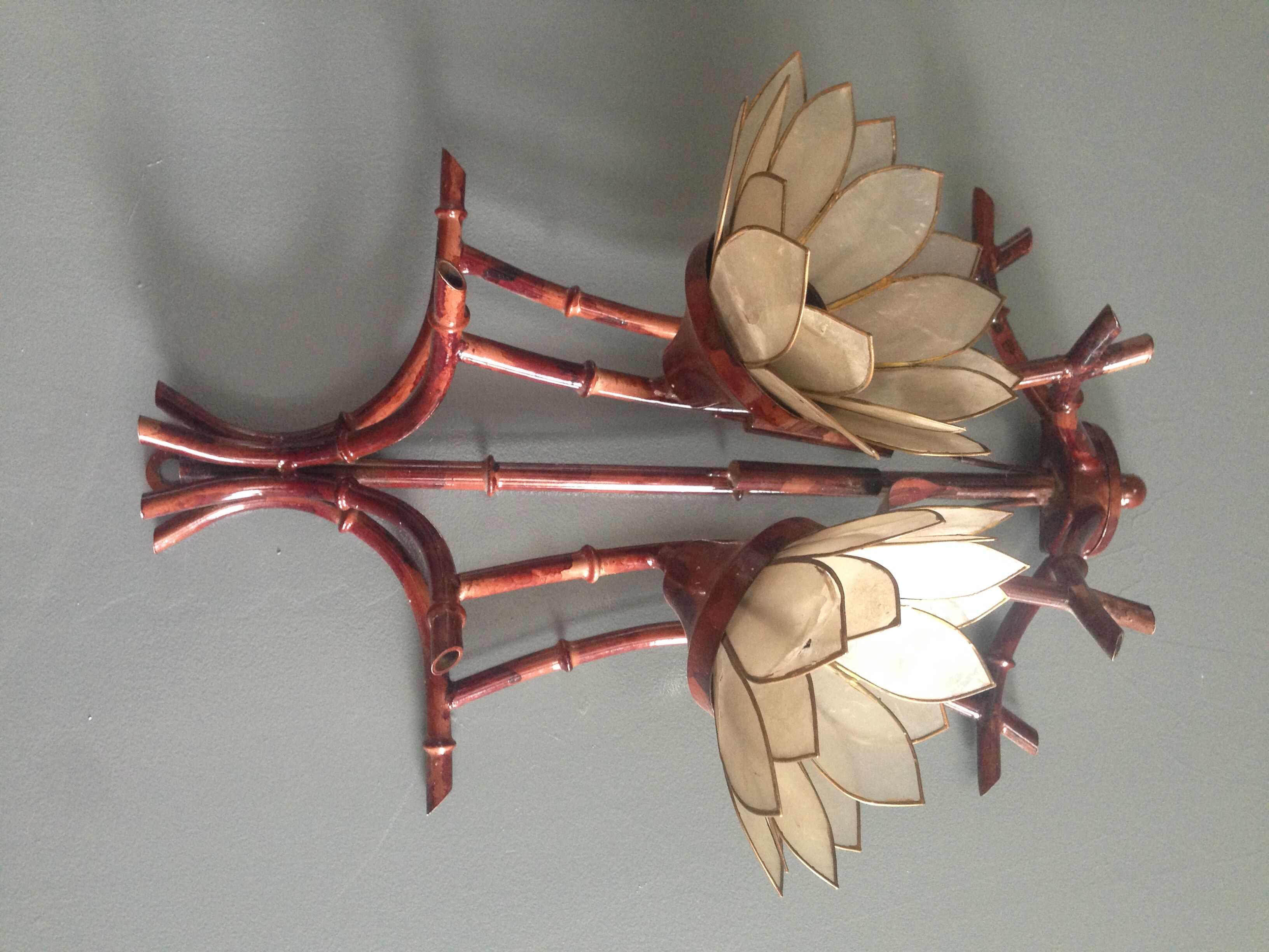 Pair of vintage appliques in metal and mother-of-Pearl