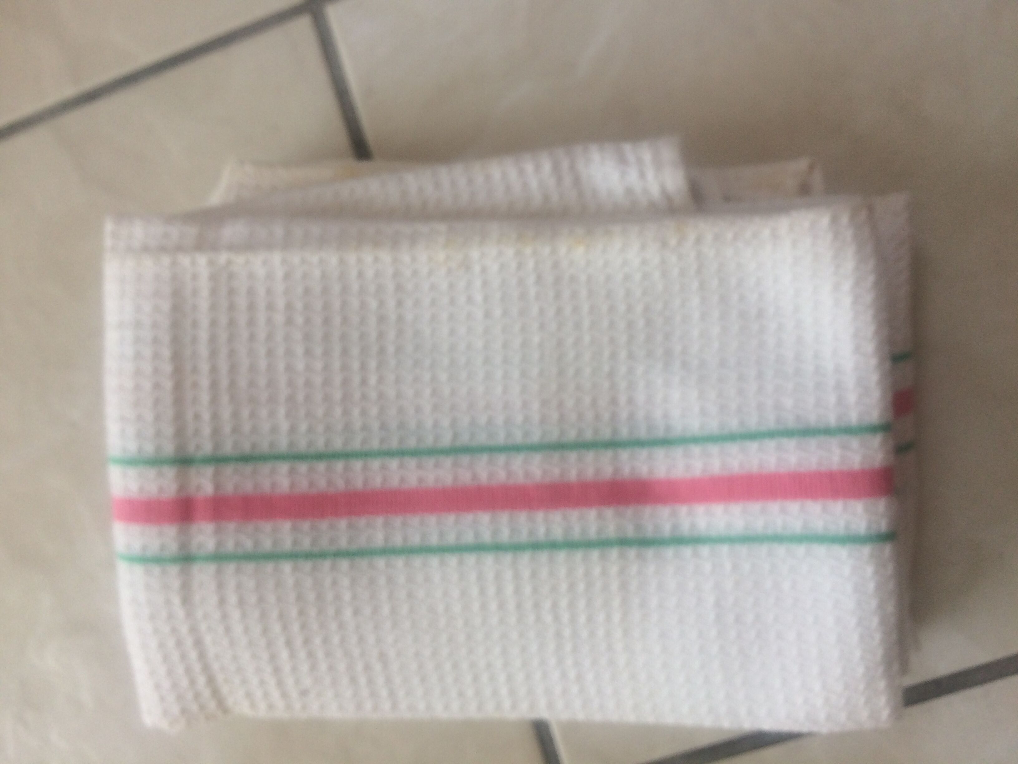 Set de 4 torchons nid d' abeille blanc avec fines rayures rose et verte