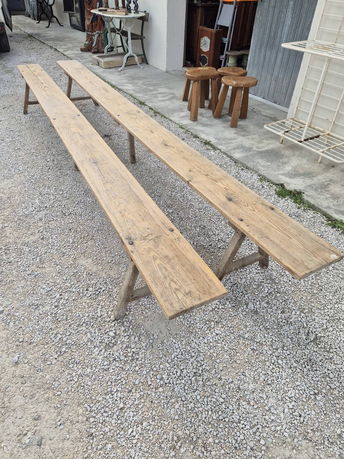 Pair of rustic oak and fir farmhouse benches 1900s - 3m85