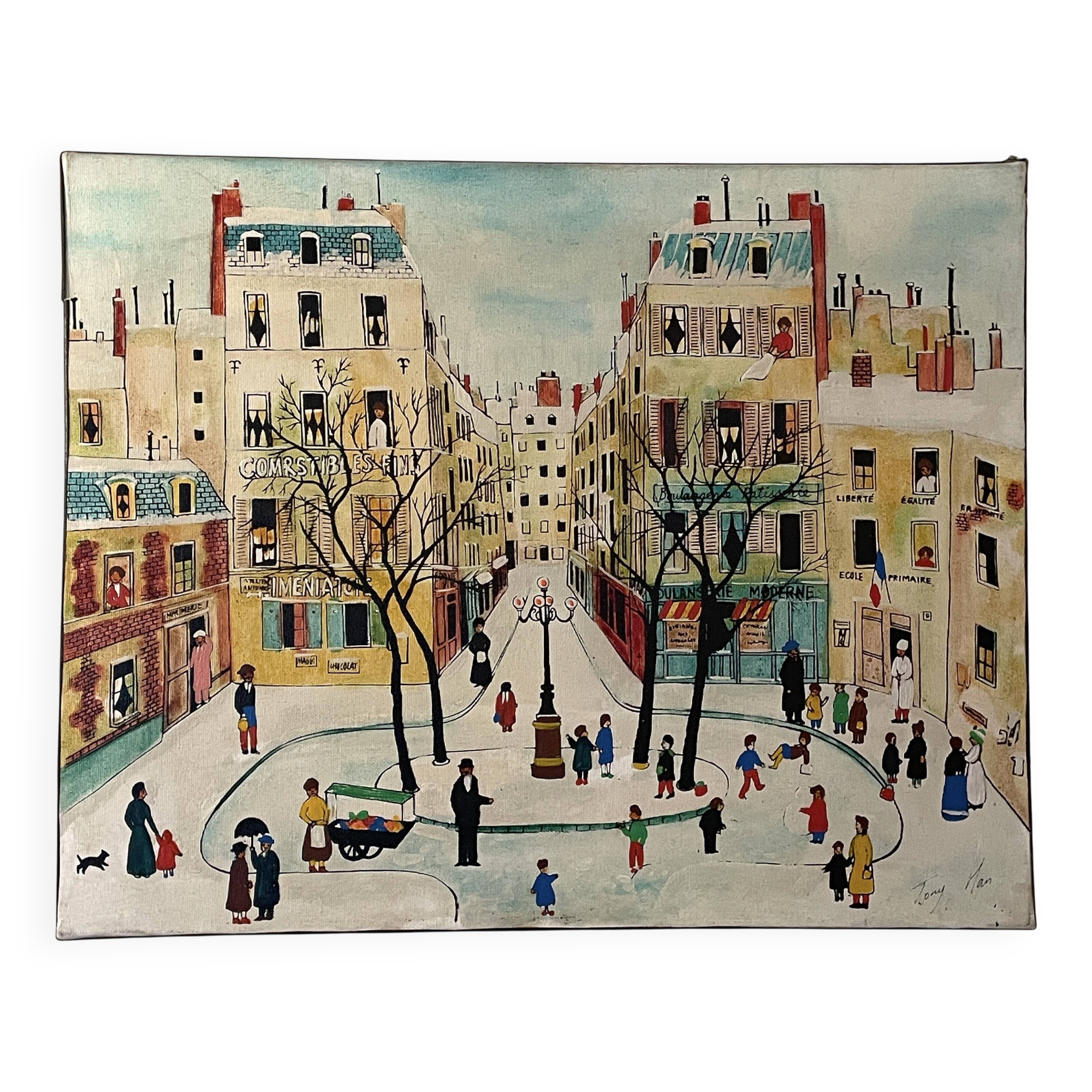 Naive painting signed - Paris Place de Furstenberg