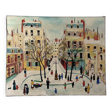 Naive painting signed - Paris Place de Furstenberg