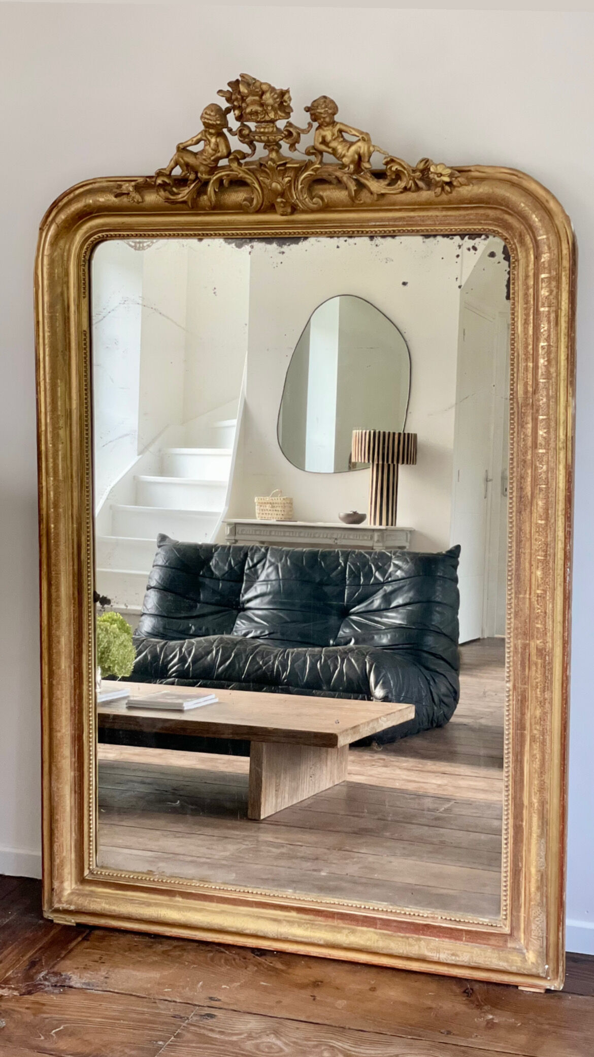 Old mirror louis Philippe gilded gold leaf pediment angels