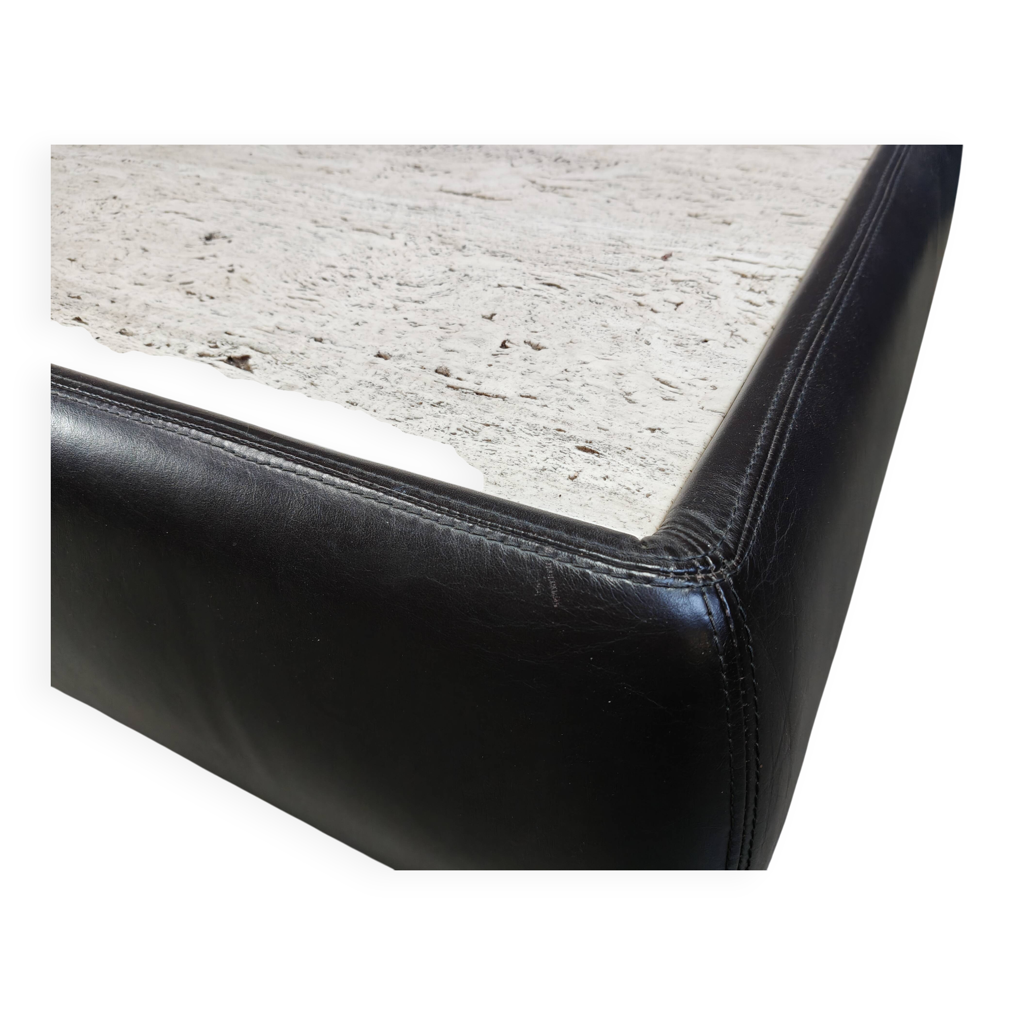 Leather and travertine coffee table attr to Desede, 1970s