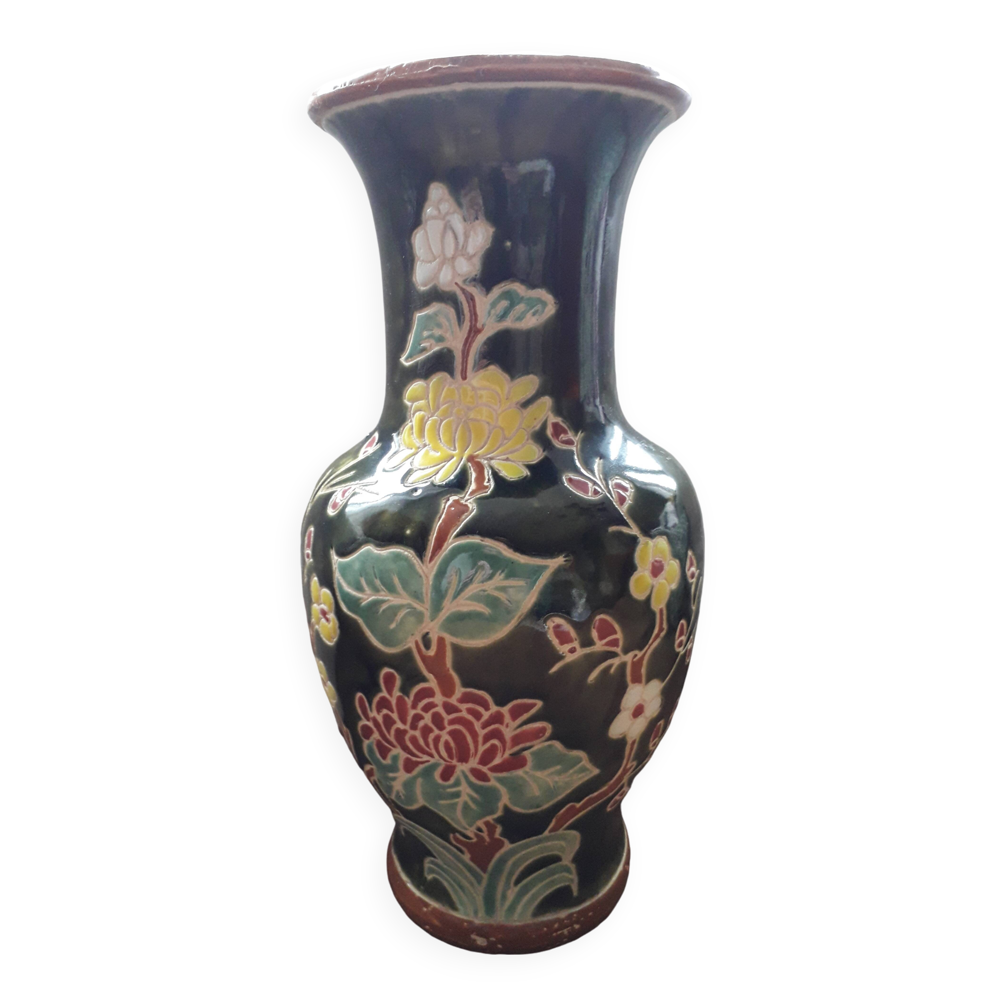 Large vintage ceramic vase with floral decoration