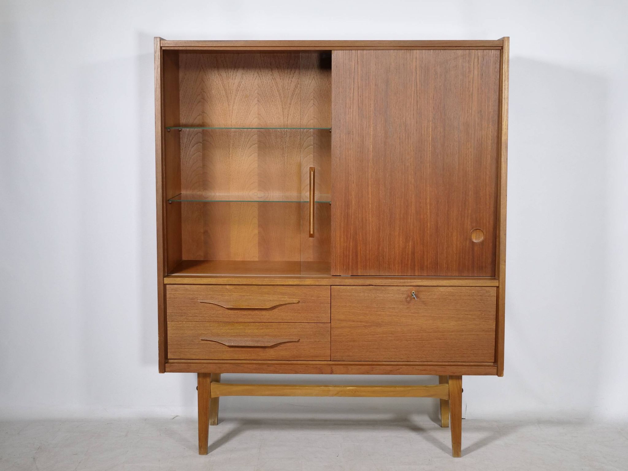 Mid Century Teak Highboard with Glass Display Cabinet & Sliding Door, 1960s