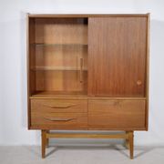 Mid Century Teak Highboard with Glass Display Cabinet & Sliding Door, 1960s