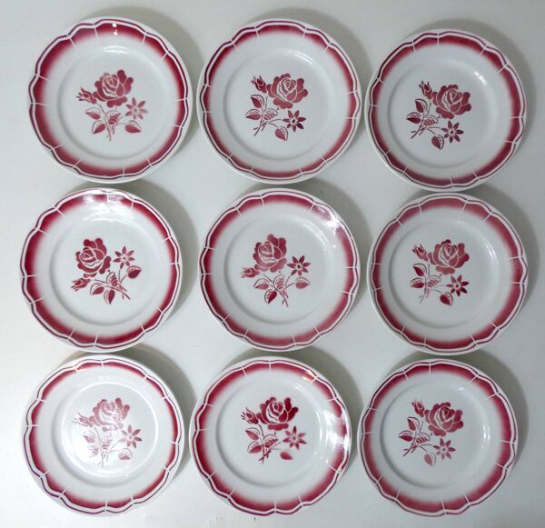 9 assiettes plates en faïence FB Digoin rose
