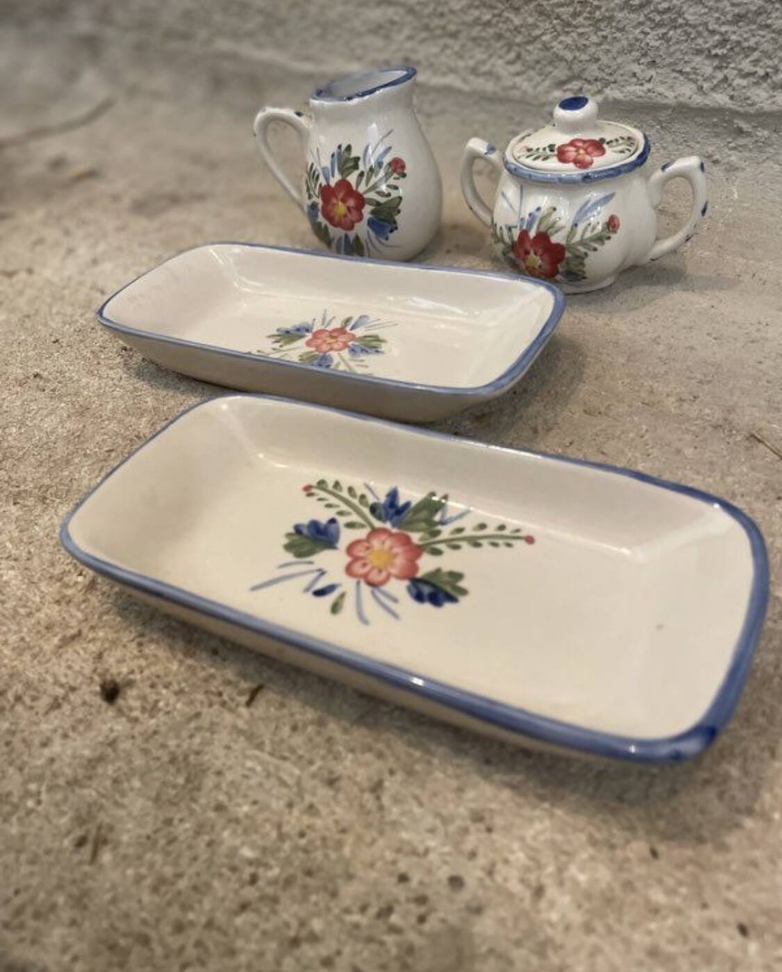 Lunch set - milk jug, sugar bowl and two dishes - vintage earthenware