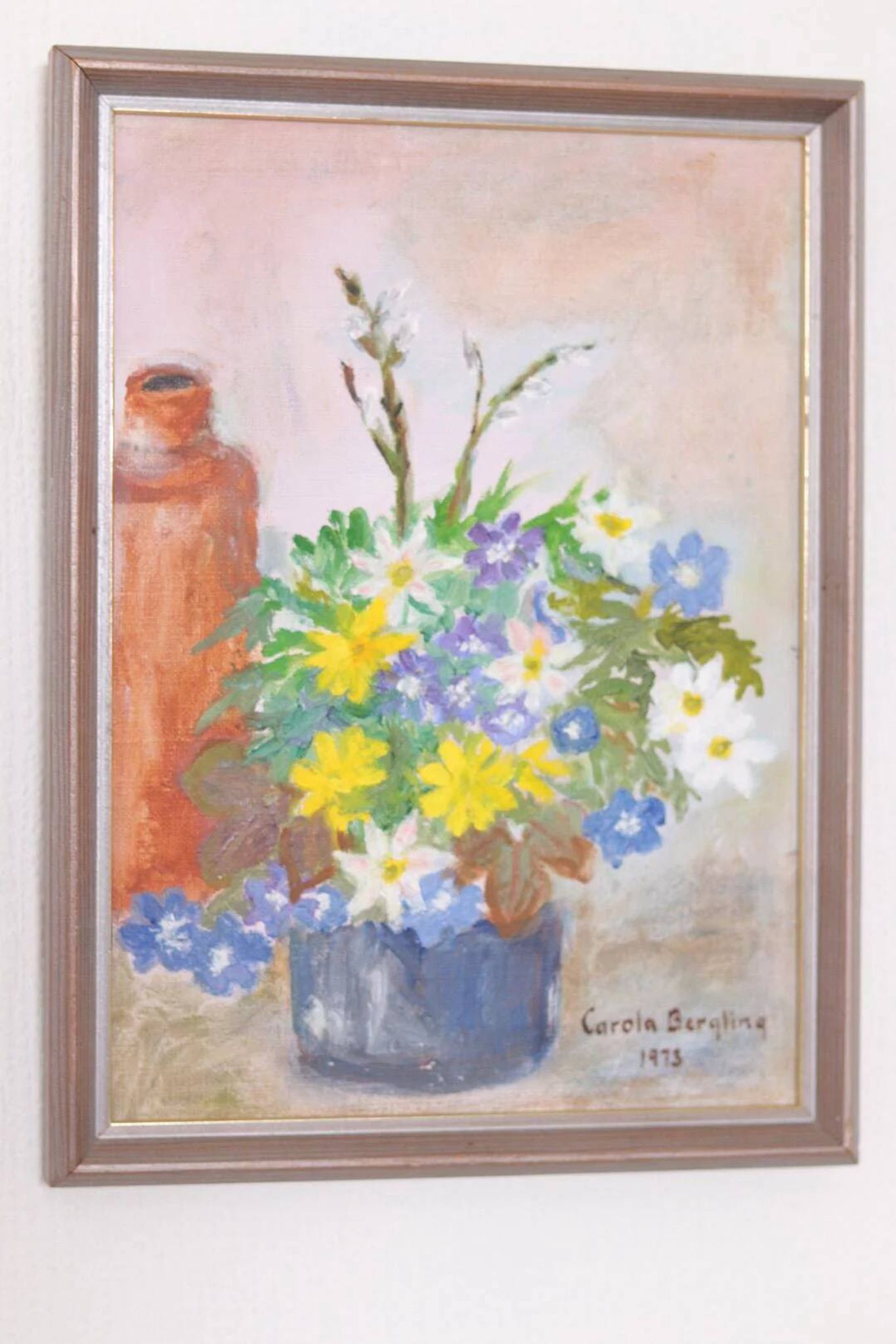 Huile sur toile originale suédoise – « Vase de fleurs » par Carola Bergling