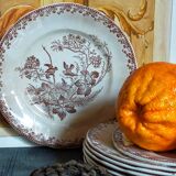 Sept assiettes à dessert terre de fer aux oiseaux f.f.Pexonne fin XIX ème