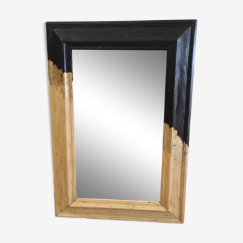 Miroir ancien, noir feuille d'or et bois naturel