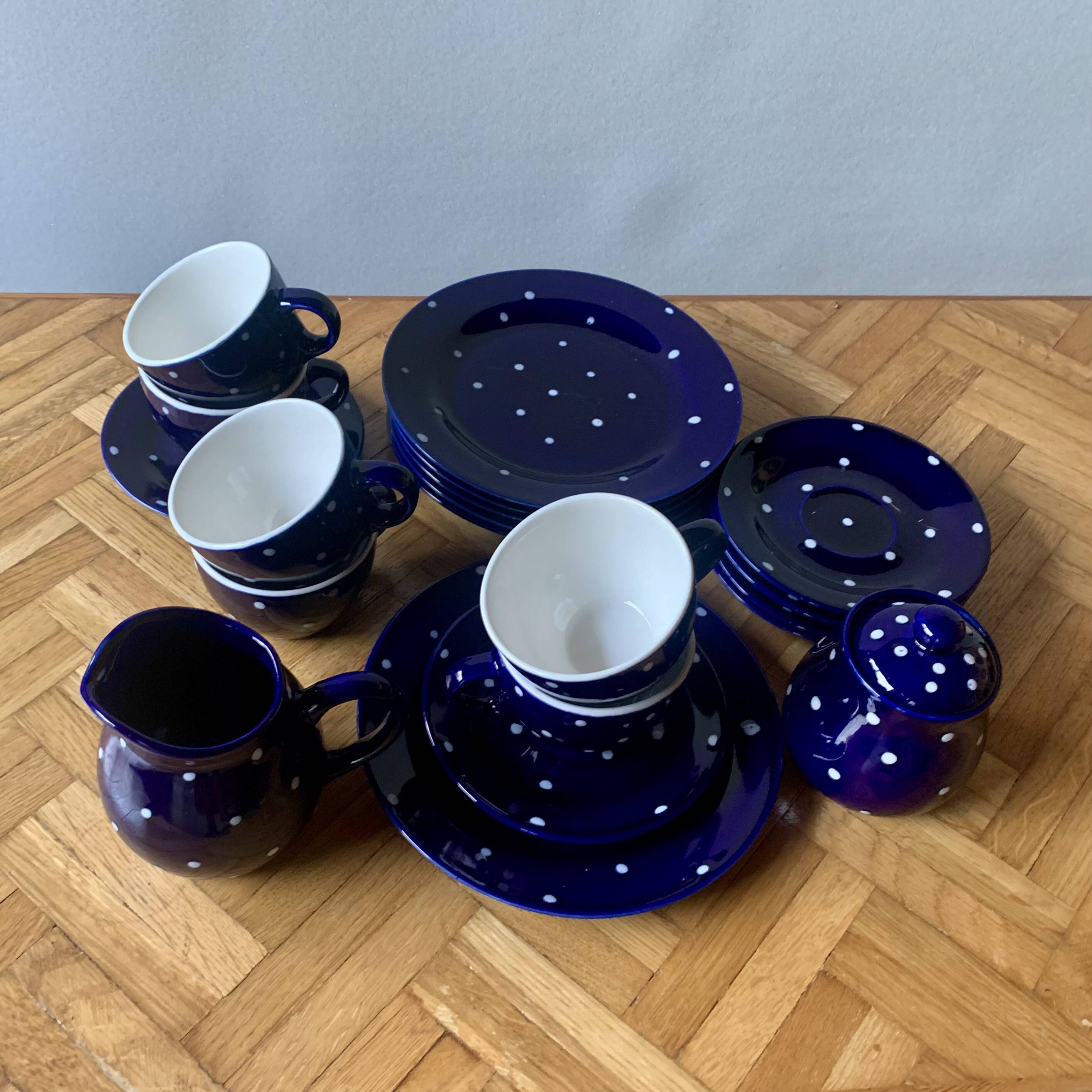 Vintage midnight blue coffee and dessert set with white dots - Glazed ceramic Feinsteinzeug