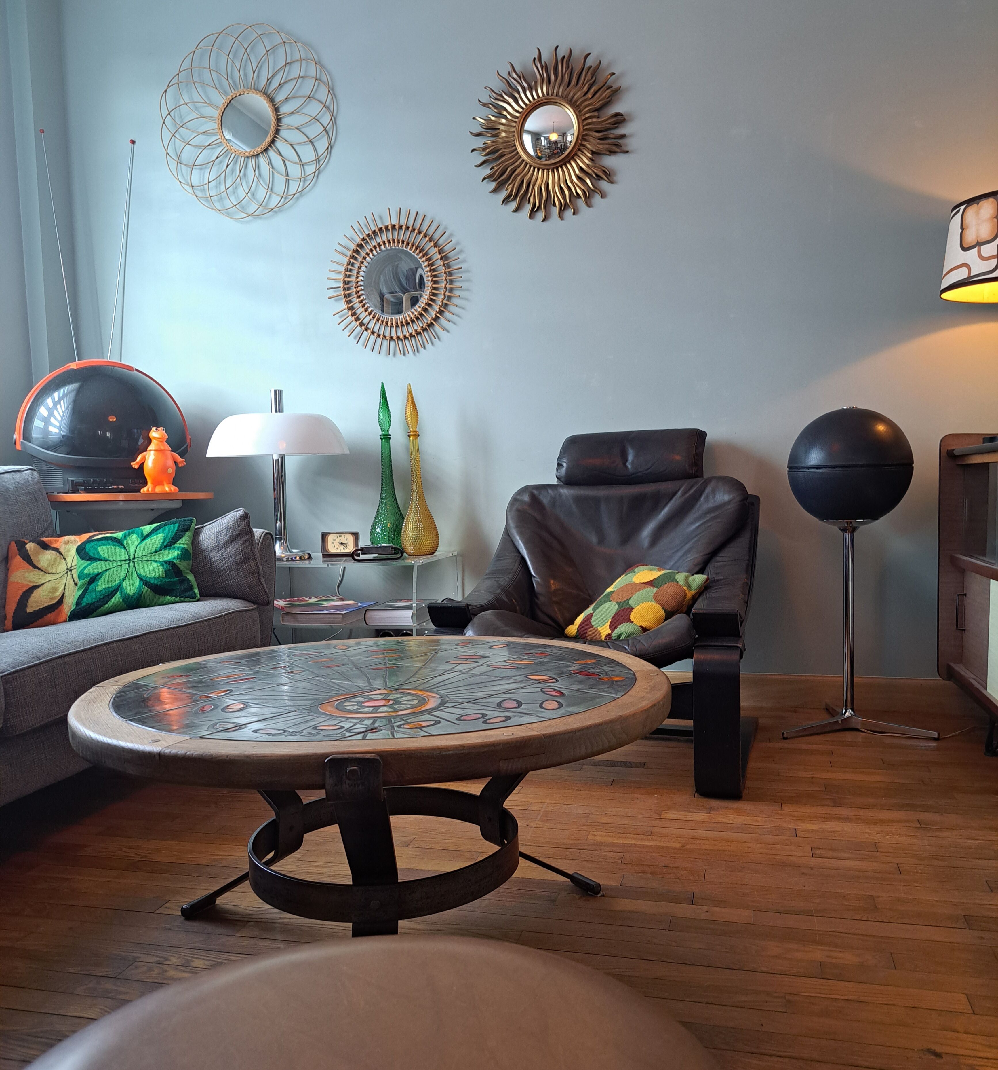 Vallauris coffee table signed drac 1960 wood earthenware steel