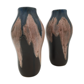 Two flamed sandstone vases, brown, beige and blue, signed - 20th century