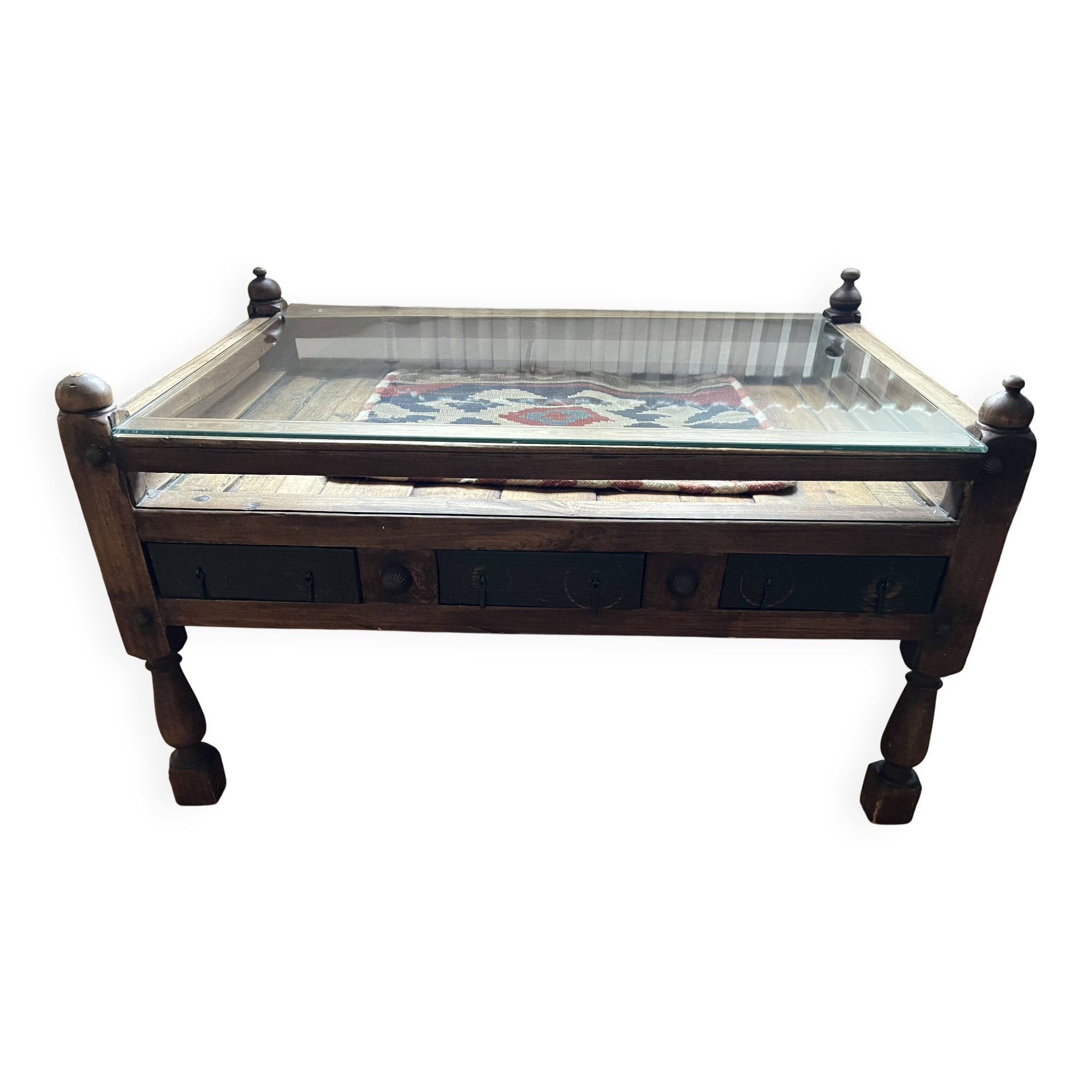 Table basse en bois massif avec tiroirs et plateau en verre – pièce unique