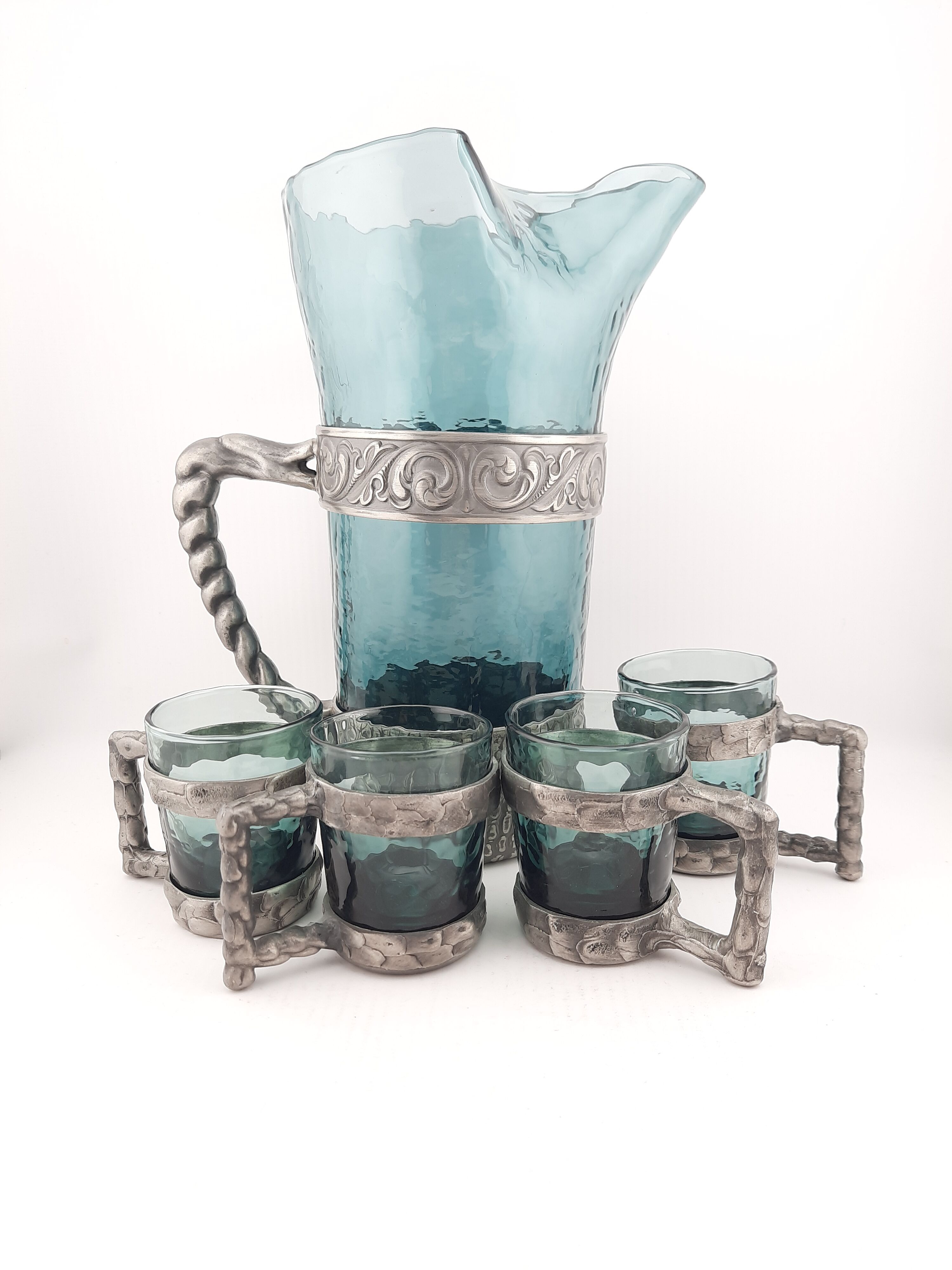 Hadeland Glass pitcher by Willy Johansson, pewter holder, vintage