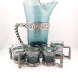 Hadeland Glass pitcher by Willy Johansson, pewter holder, vintage