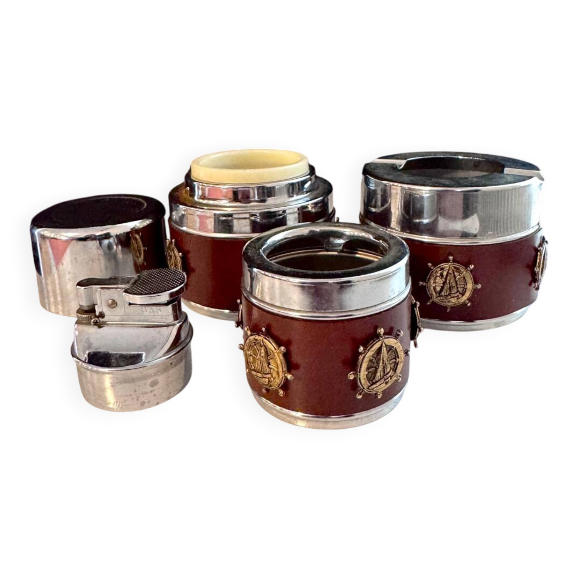 Vintage table set: lighter + marine-themed pots – retro style