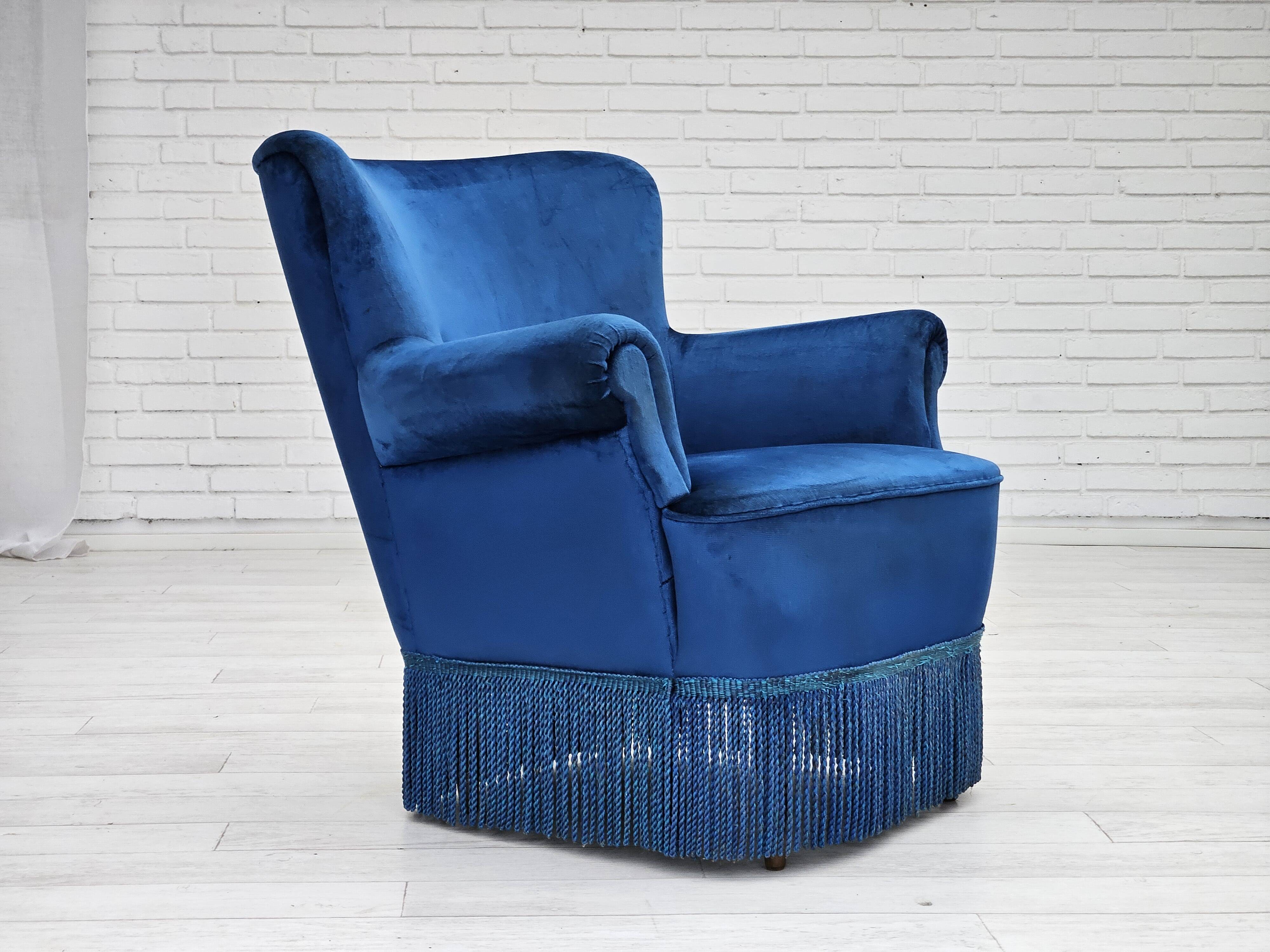 1960s, Danish lounge chair, blue furniture velour, beech wood legs.