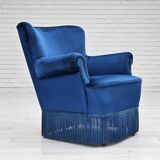 1960s, Danish lounge chair, blue furniture velour, beech wood legs.