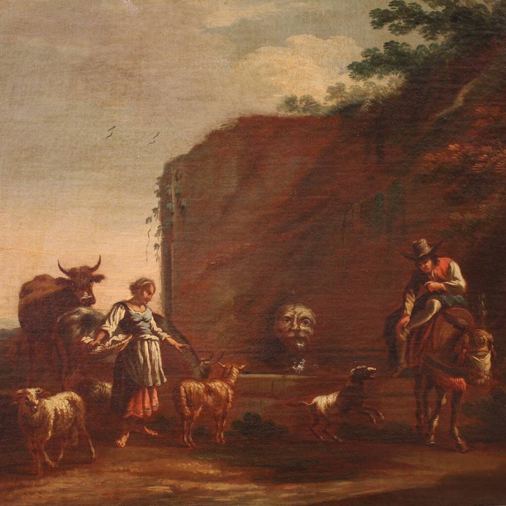 17th century bucolic landscape painting with figures, pastoral scene