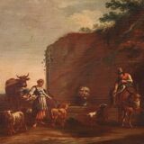 17th century bucolic landscape painting with figures, pastoral scene