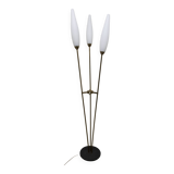 Lampadaire à 3 branches de 1960 laiton doré, fonte et opalines