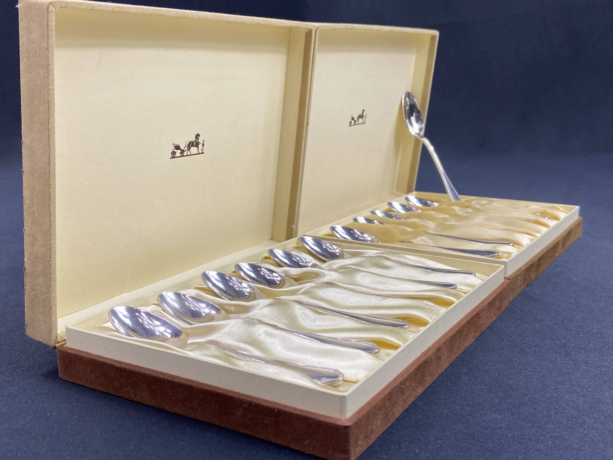 Complete set of 12 Louis XV style mocha spoons in silver-plated metal, Hermès