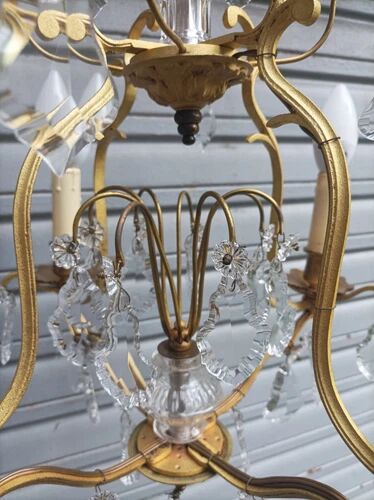 Rare antique cage chandelier in gilded bronze and crystal, 4 lights / WORKING CONDITION GAU?