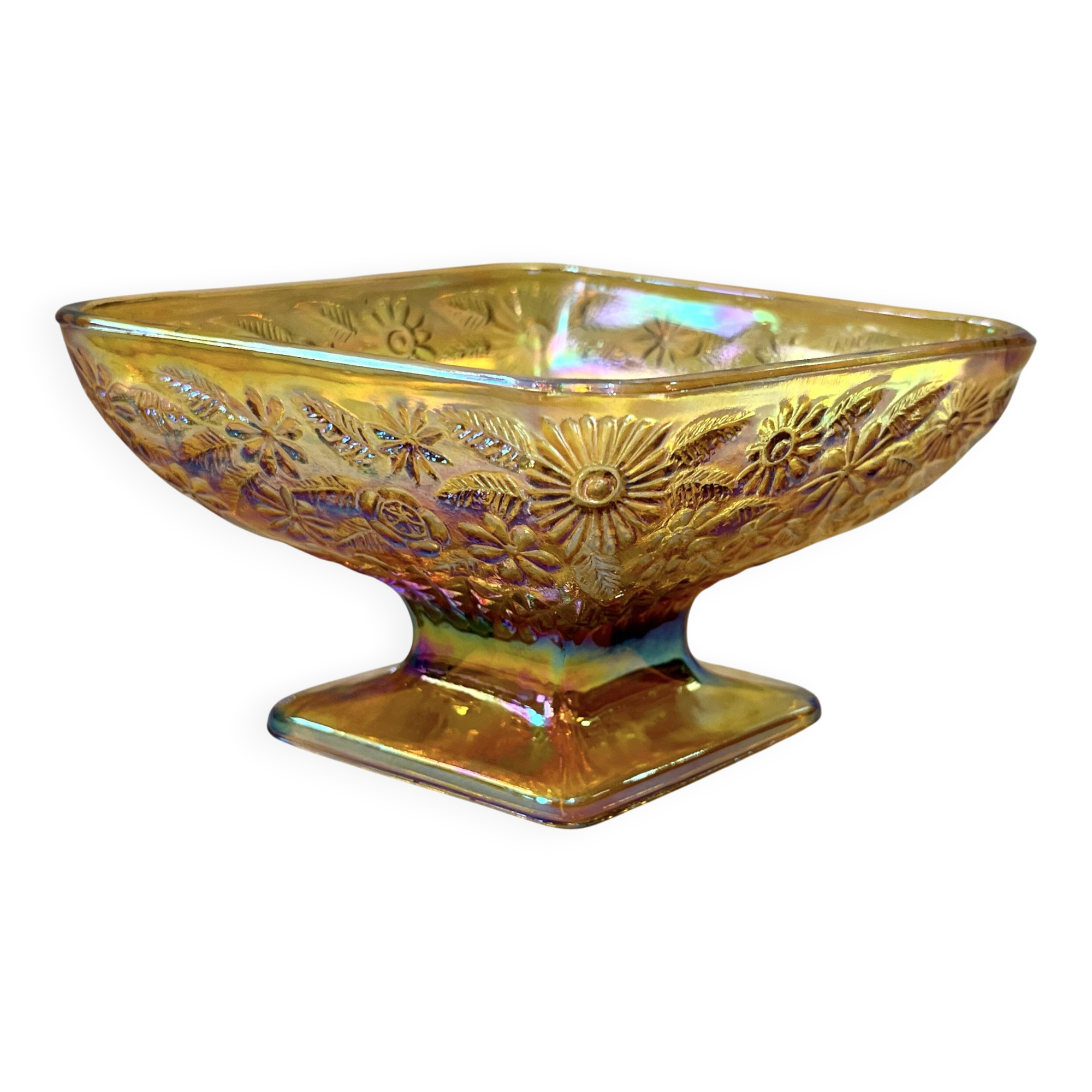 Carnival yellow iridescent glass cup candy dish Indiana Glass 1970s