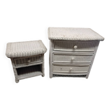 White rattan chest of drawers and bedside table