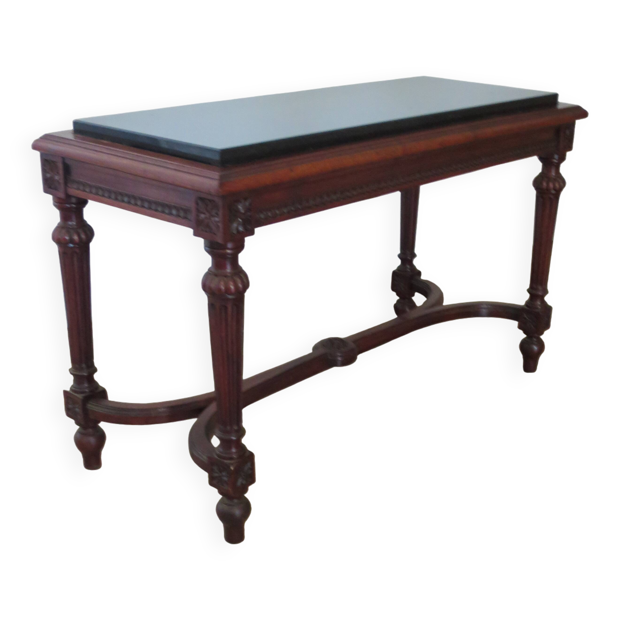 Coffee table - black marble top - Louis XIII style - H-shaped crossbar base