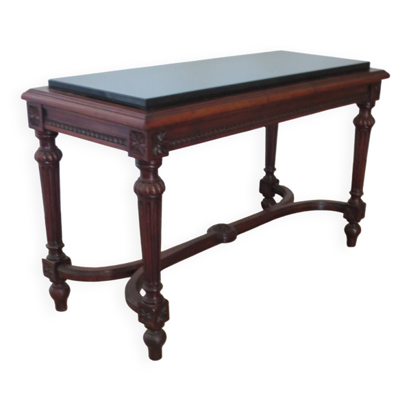 Table basse -plateau marbre noir-Style Louis XIII-Pietement à entretoise H