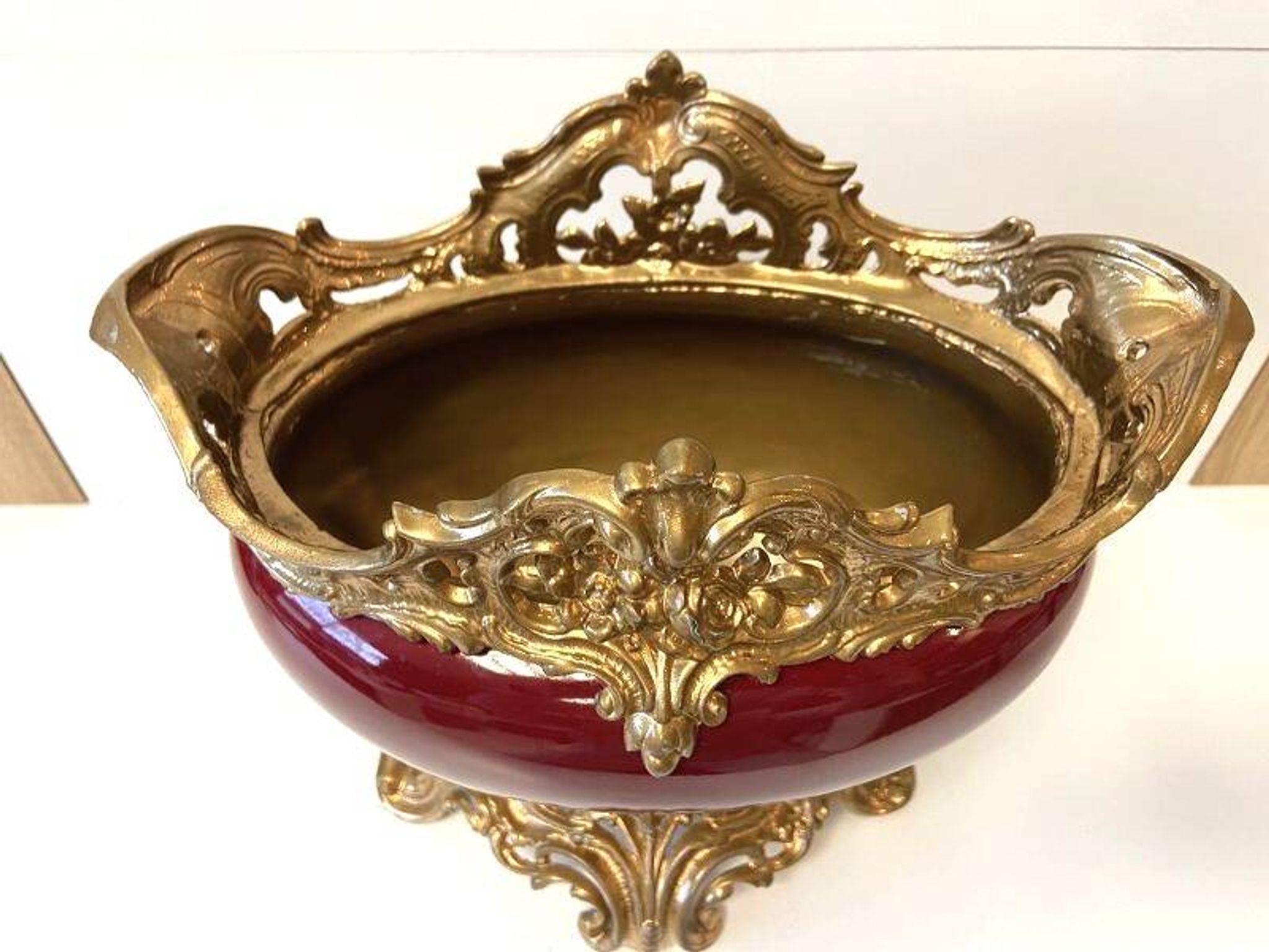 Antique Napoleon III Centrepiece Jardinière in Gilded Metal and Faience