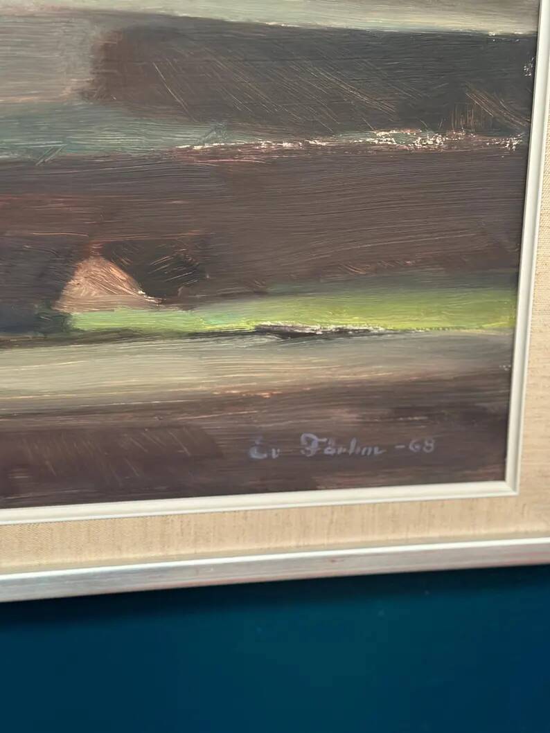 Oil on panel original Swedish - "House in a flat landscape" by Evert Färhm - Dated 1968 - vintage and framed - 81 × 68 cm (31.9" × 26.8")
