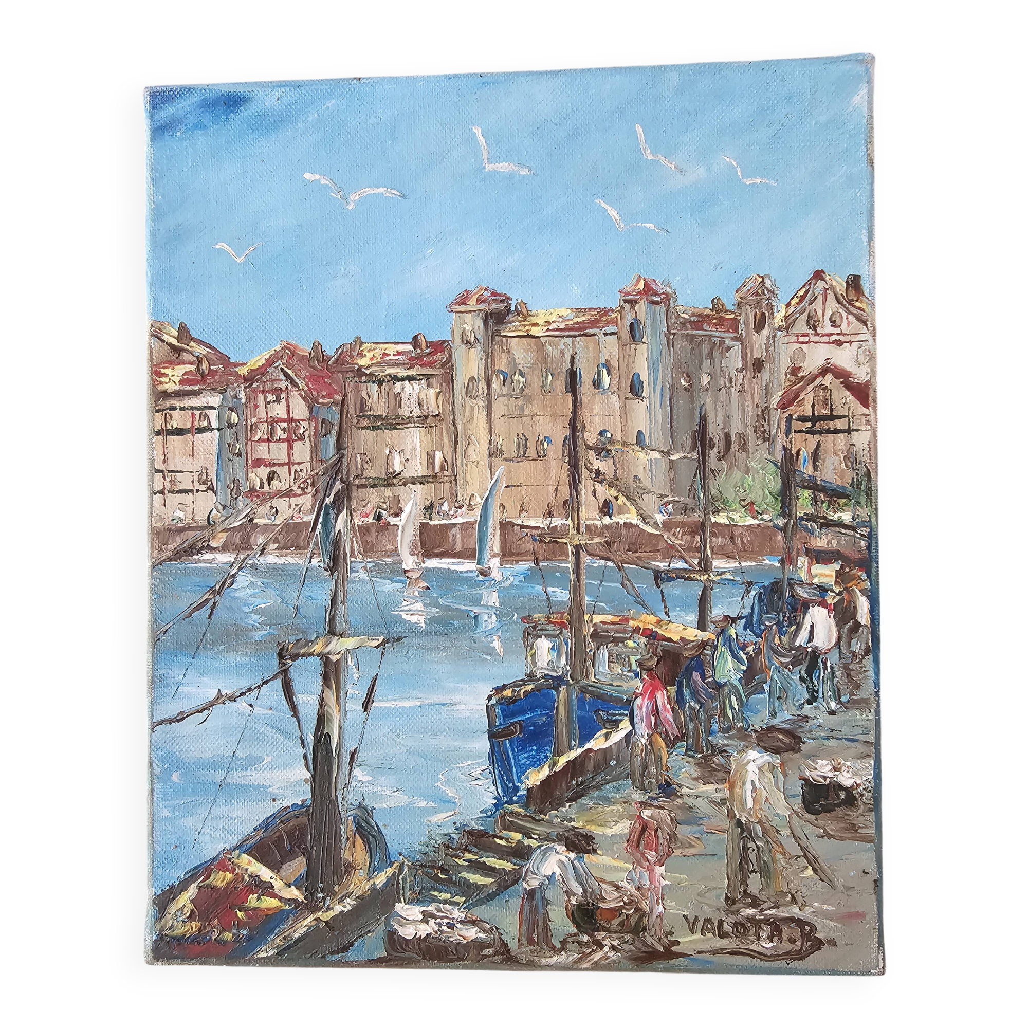 Oil painting on canvas House of the Infanta Saint Jean de Luz signed Valota