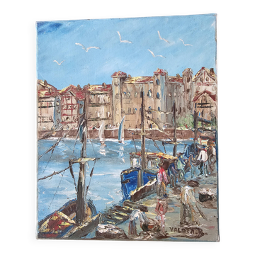 Oil painting on canvas House of the Infanta Saint Jean de Luz signed Valota