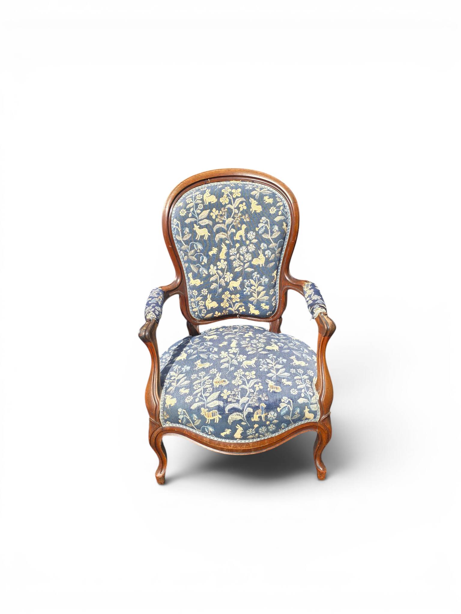 Louis XV cabriolet armchair in wood and animal print blue fabric