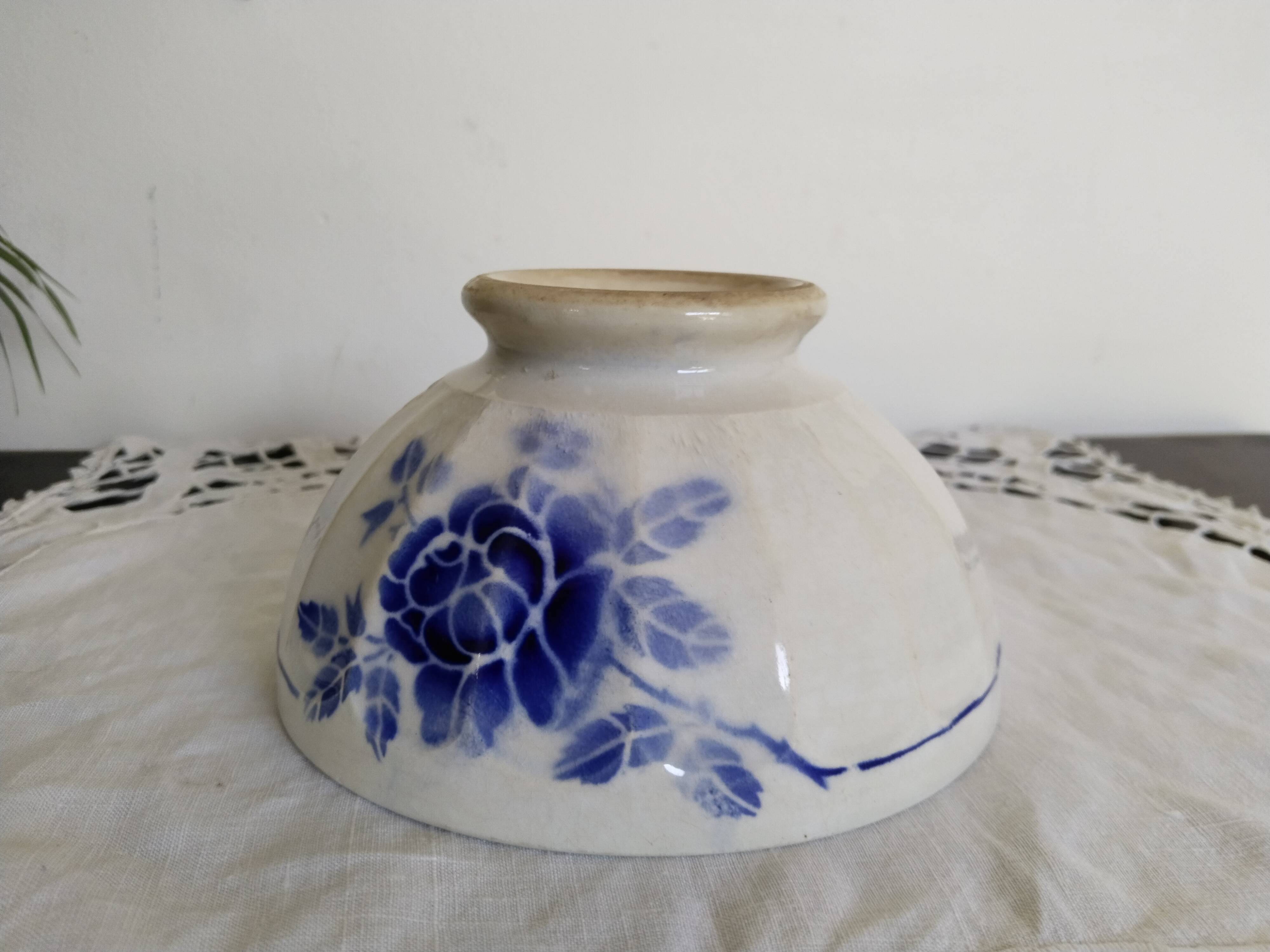 Large old blue bowl in vintage earthenware, 1940s