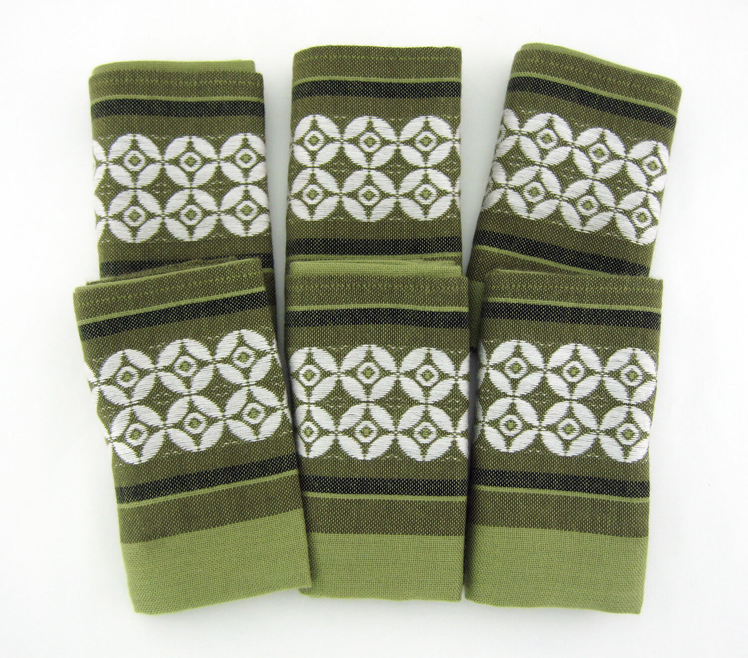 6 olive green Dralon napkins - white geometric patterns - vintage 60s